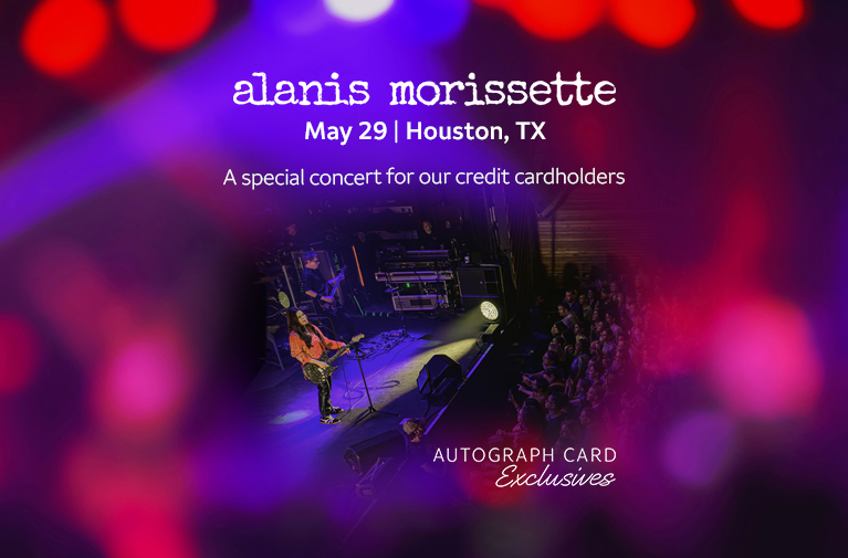 Alanis Morissette, May 29 in Houston, TX. A special concert for our credit cardholders. Image of Alanis Morissette. Autograph Card Exclusives logo. 