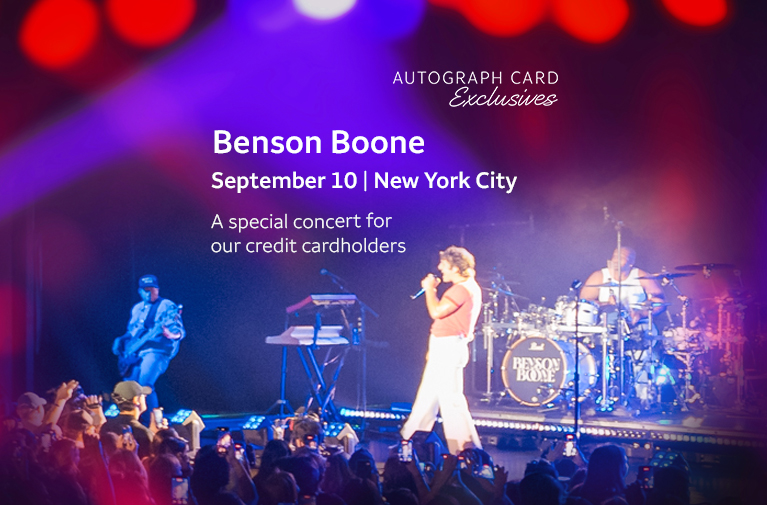 Benson Boone performing onstage under blue lights with a large crowd in the foreground. Benson Boone. September 10th, New York City. A special concert for our credit cardholders. Autograph Card Exclusives logo.