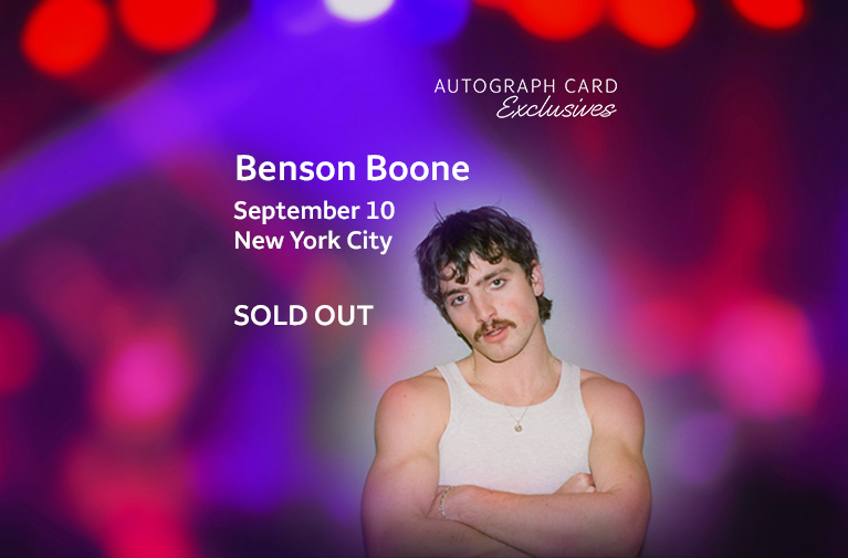 Singer Benson Boone standing with arms crossed. Benson Boone, September 10, New York City. SOLD OUT. Autograph Card Exclusives logo. Links to ticketing provider.