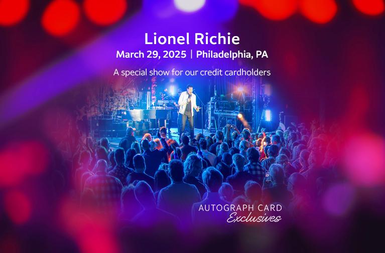 Crowd watching a performance by Lionel Richie. A special show for our credit cardholders. March 29, 2025. Philadelphia, PA. Autograph Card Exclusives logo.