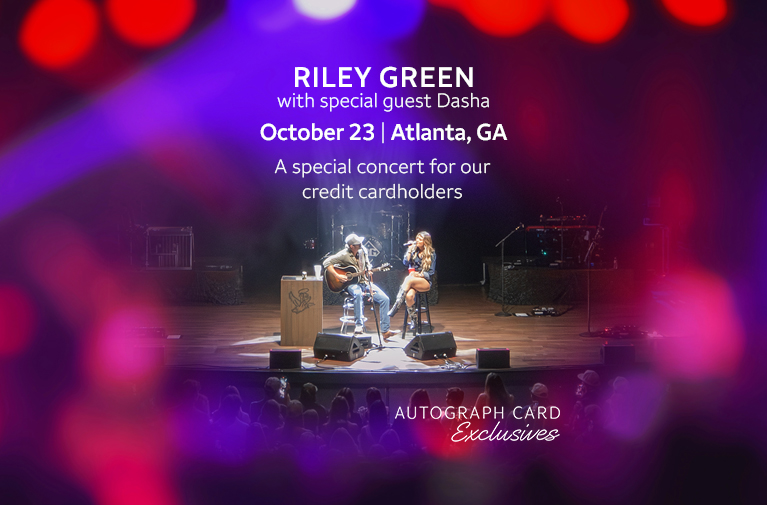 Two musicians, Riley Green and Dasha, performing an acoustic set on stage under blue spotlights. Riley Green with special guest Dasha, October 23rd, Atlanta, GA for Wells Fargo credit cardholders. Autograph Card Exclusives logo. Opens a dialog.