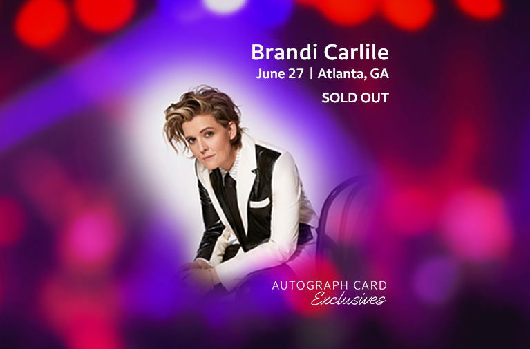 Brandi Carlile sitting on a stool. Brandi Carlile, June 27, Atlanta, GA. Sold out. Autograph Card Exclusives logo. Links to ticketing provider.