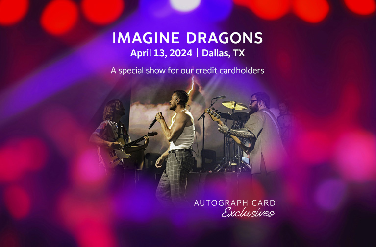 Members of the rock band Imagine Dragons perform on stage. Imagine Dragons, April 13, 2024 Dallas, Texas. A special show for our credit cardholders. Wells Fargo Autograph Card Exclusives logo. 