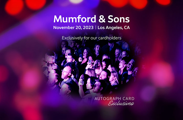 A crowd of people looks up toward the stage at the Autograph Card Exclusives event featuring Mumford & Sons. Text in image is Mumford & Sons, November 20, 2023, Los Angeles, CA, Exclusively for our cardholders. Autograph Card Exclusives logo.